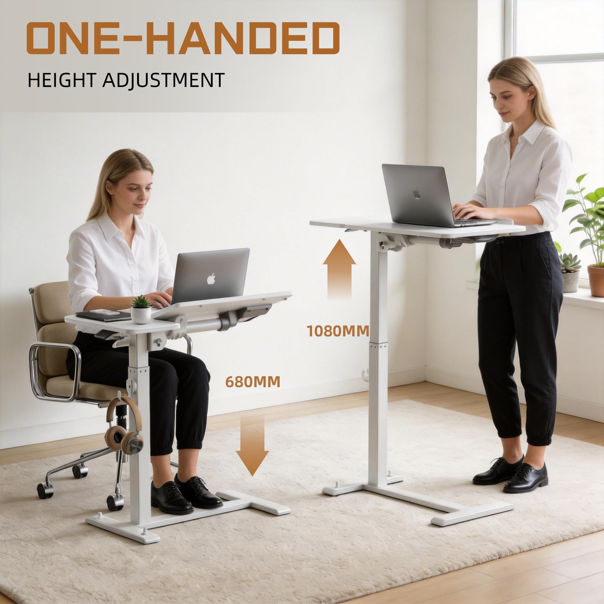 ETHU Klappbarer Beistelltisch mit Rollen, Höhenverstellbarer Nachttisch (68-108 cm) & Neigbare Tischplatte, Mobiler Computertisch Laptoptisch Kappbarer Überbetttisch für Bett, Sofa & Homeoffice, Weiß