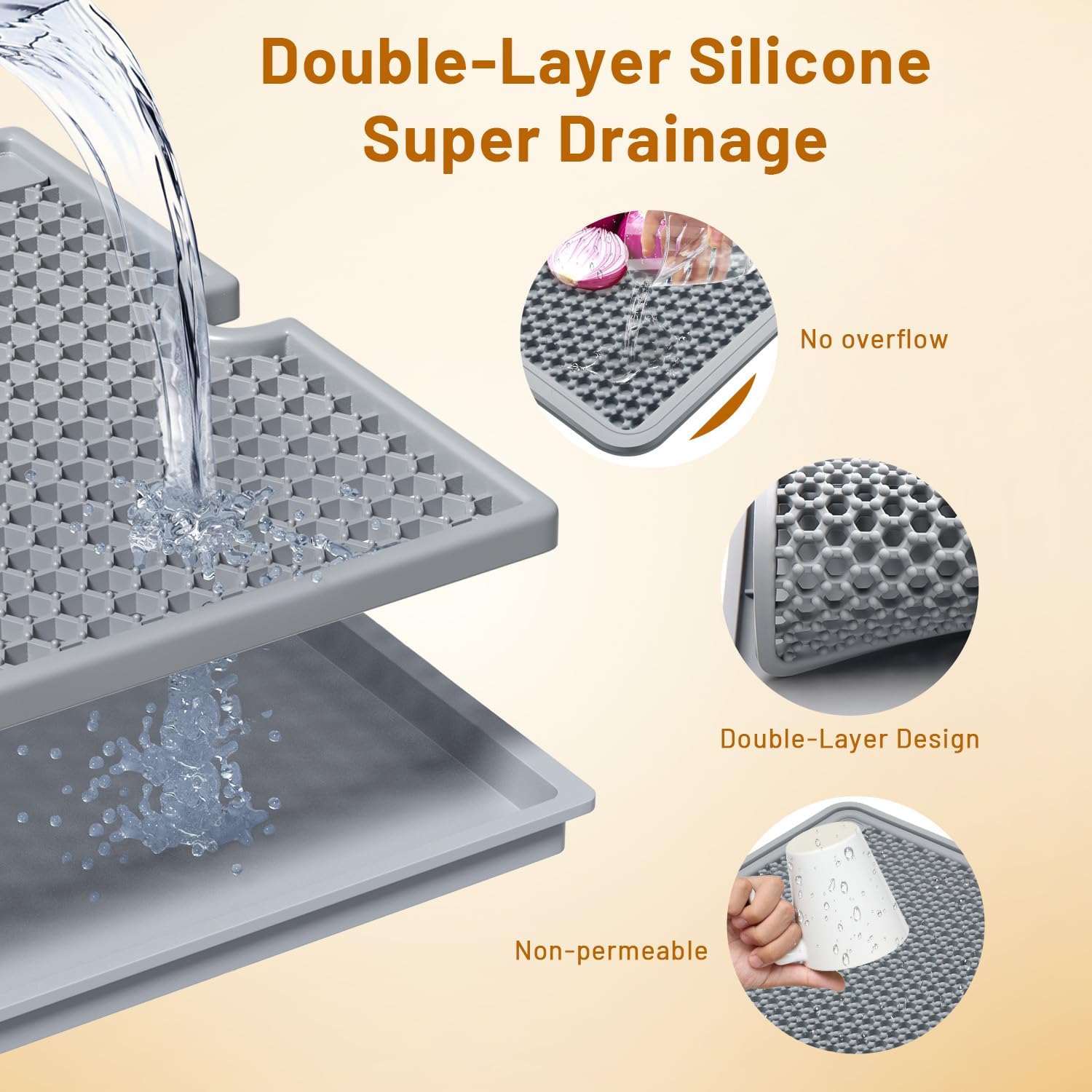 Large 20"x15" Dish Drying Mat for kitchen Counter | Super Absorbent, Food-Grade Silicone, Double-Layer Design, Non-Slip & Easy to Clean | Drainer Pad for Sink, Coffee Machine & Drying Rack | Grey