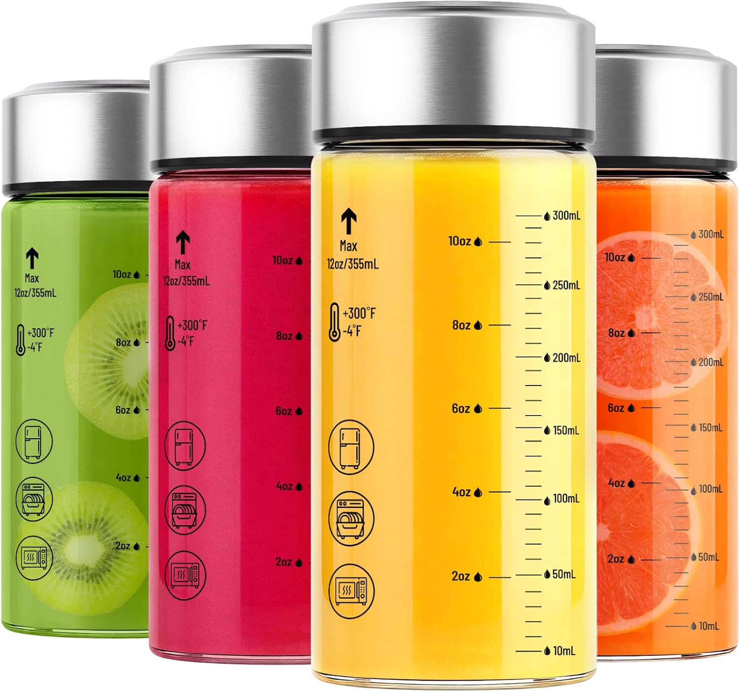 Zukro 12 oz Wide Mouth Borosilicate Glass Juice Bottles With Stainless Steel Lids, Airtight Leak Proof, Heat-Resistant, For Juicing, Smoothie, Infused Water, Tea, Protein, Reusable & BPA Free, 4 Pack