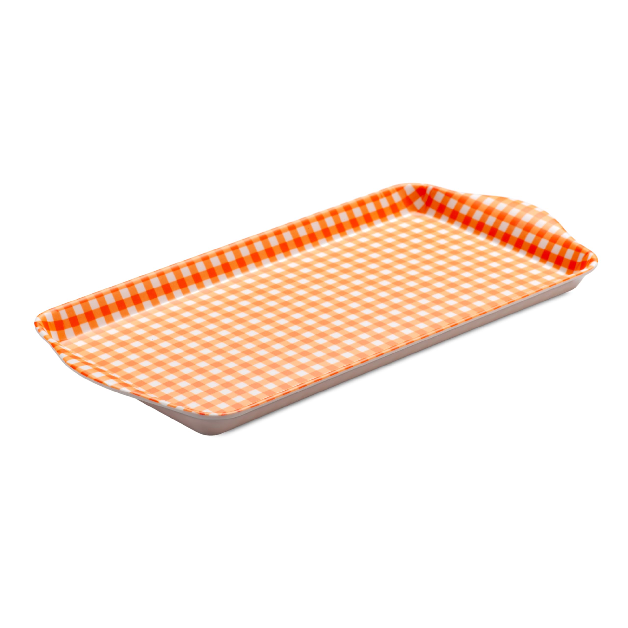 Zeal Sandwich Serving Tray, Melamine Snack & Tea Tray, Gingham Pattern Food Serving Platter with Raised Handles, BPA Free, 28 x 15cm, Neon Orange
