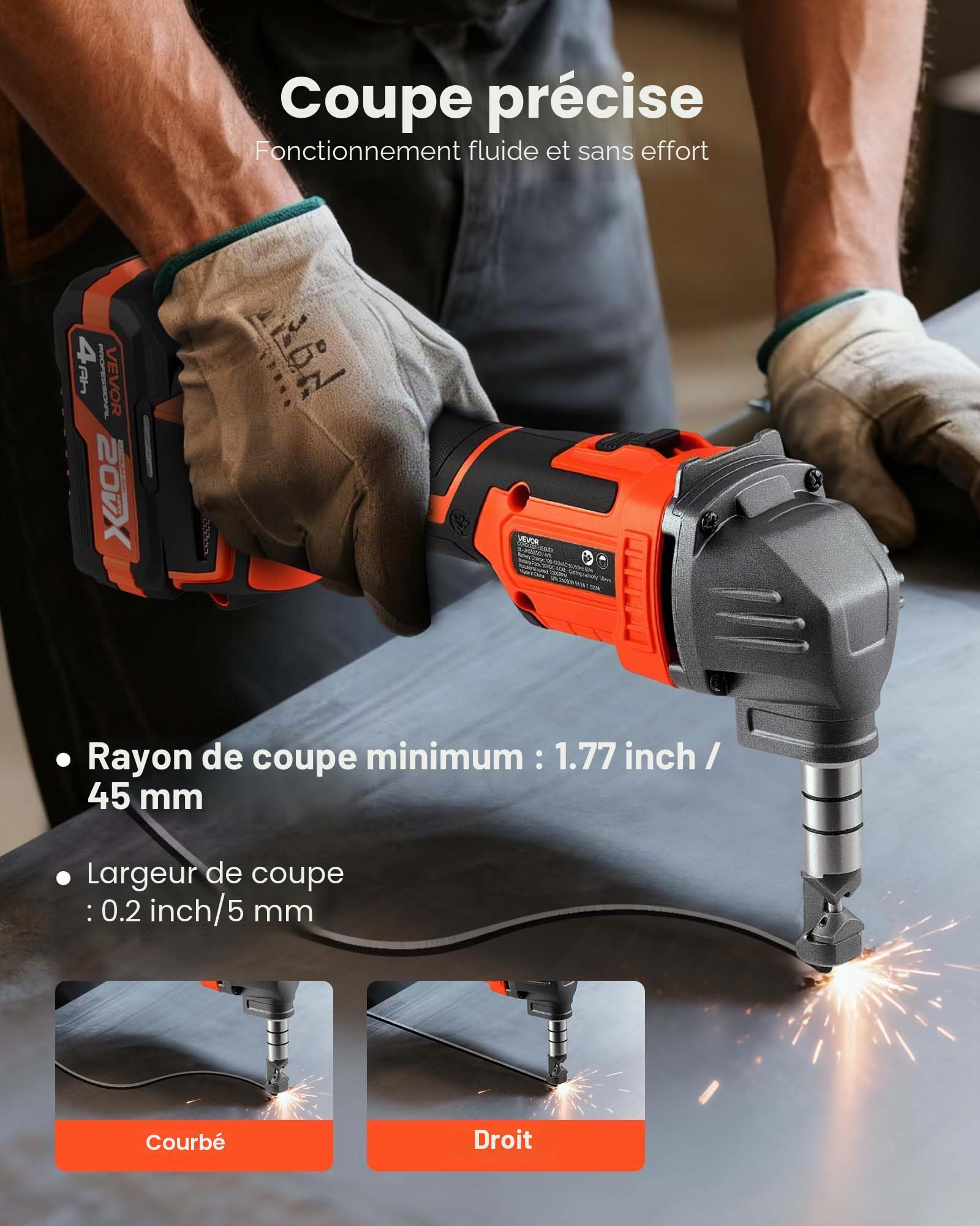 VEVOR Grignoteuse Électrique sans Fil, Cisaille Grignoteuse à Tôle avec Batterie 20 V 4000 mAh, Moteur sans Balais Performant 2200 tr/min, Outil Coupe Métaux Électrique avec Mallette, pour Atelier