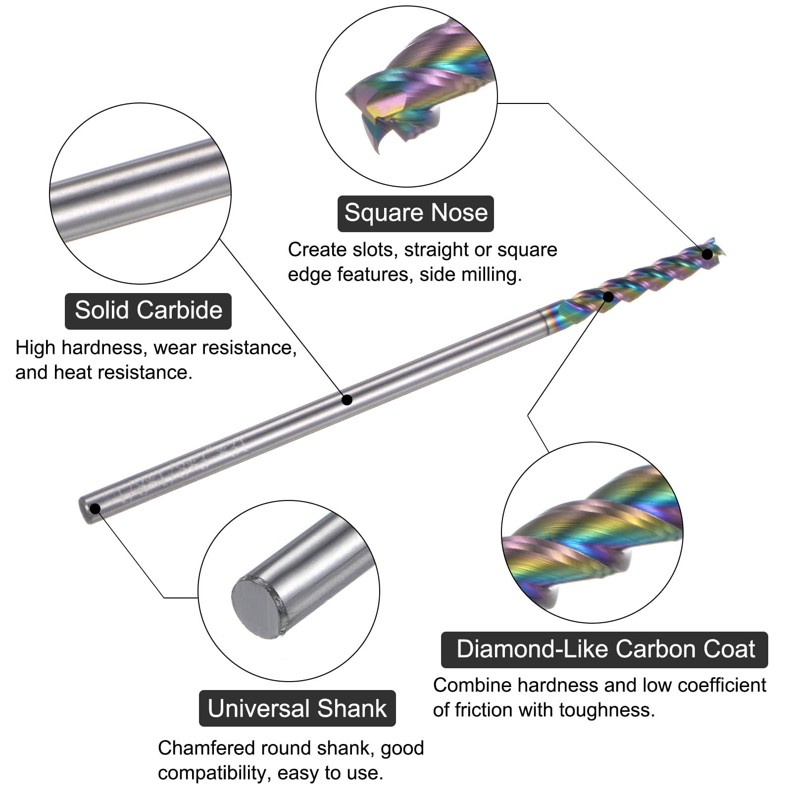 QUARKZMAN Fraise en Bout Carrée en Carbure, Diamètre de 1/8", en Carbone de Type Diamant, 3 Arêtes de Coupe, Queue de 1/8", Longueur de Coupe de 1", Longueur Totale de 3", Hrc55 Extra Longue
