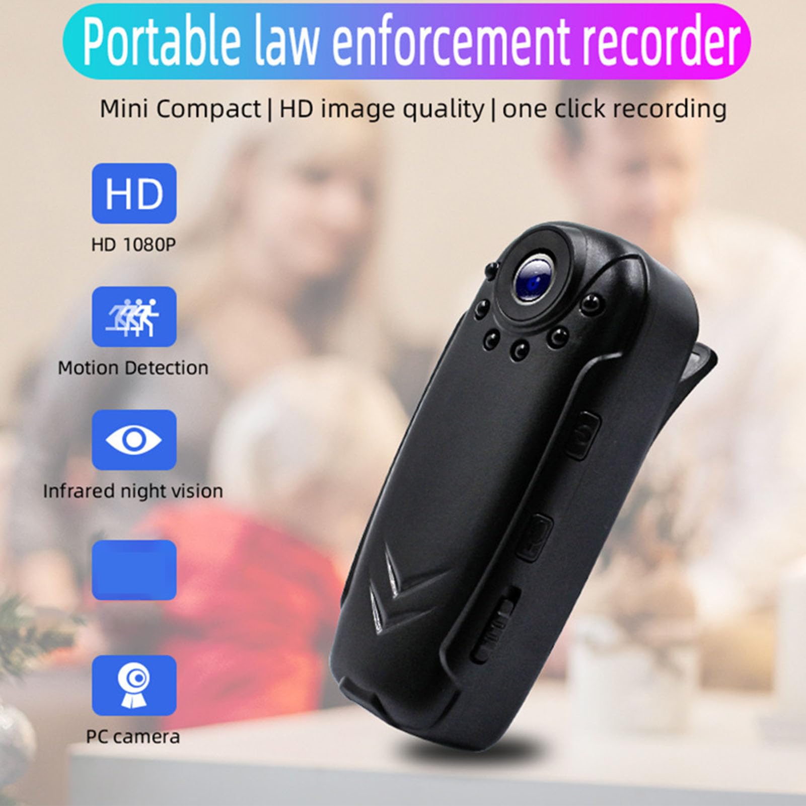 Videocámara Corporal con Clip Portátil, Visión Nocturna Portátil Versátil con Micrófono Incorporado, Gran Angular de 130 Grados para Montar (64GB)