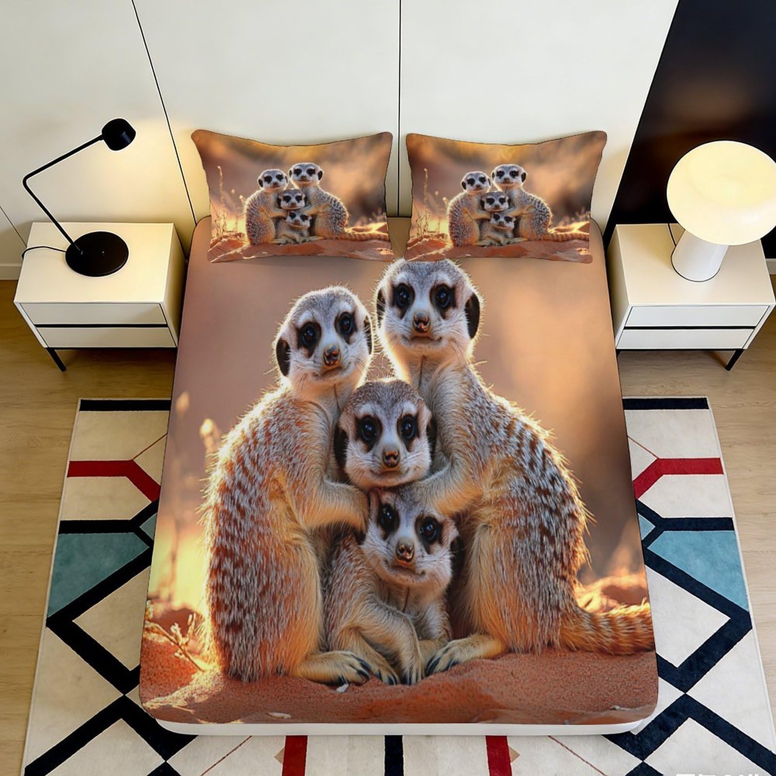 3D Printed Meerkat Family Fitted Sheet Microfiber Soft Anti-Slip Bed Cover for Bedroom Guest Room Decor 90x200x25cm
