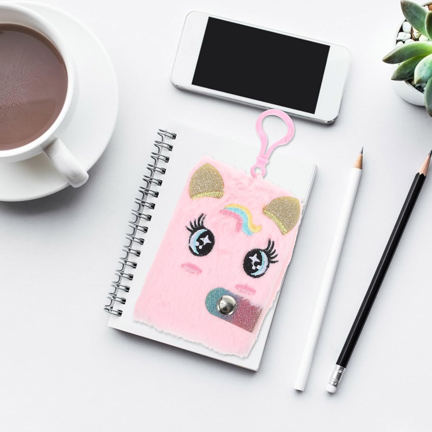 MOLUCKFU Mini Unicorn Hanging Notebook Plush Cover Pocket Journal for Students, Pink Eyelash Design, Adorable Portable Writing Diary for School and Travel