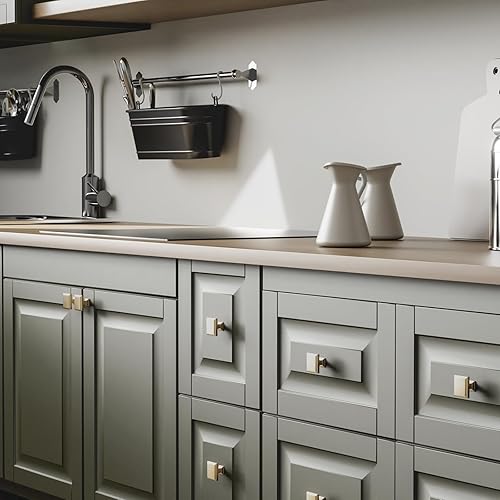 Miniatura 6 de Cobbe Paquete de 10 pomos cuadrados dorados para gabinete, pomos de cocina de latón cepillado, perillas de cajón de aleación de zinc, herrajes