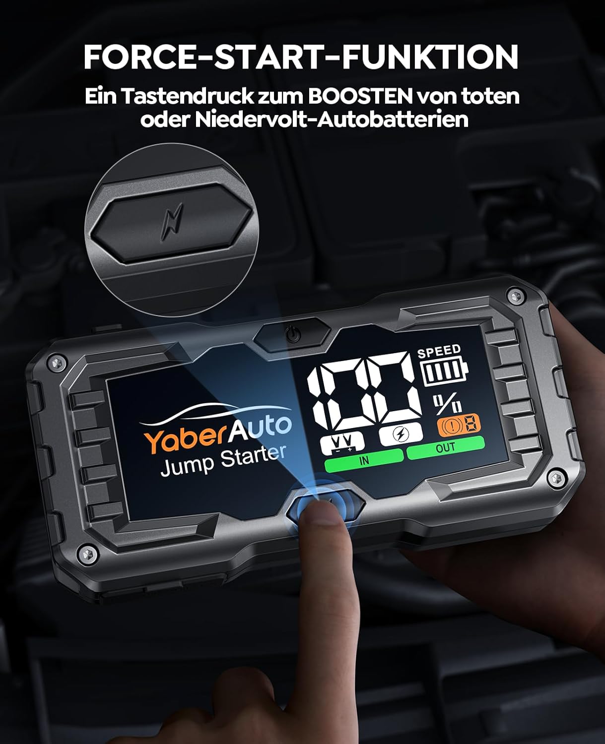 YaberAuto YA100 Jump Starter showing the force start button being pressed