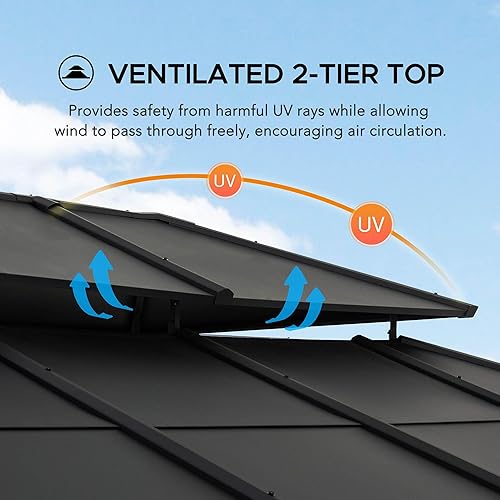 Miniatura 2 de Sunjoy Gazebo de techo rígido de 12 x 16 pies, con marco de acero resistente, doble nivel, para exteriores, con gancho de techo y paredes laterales