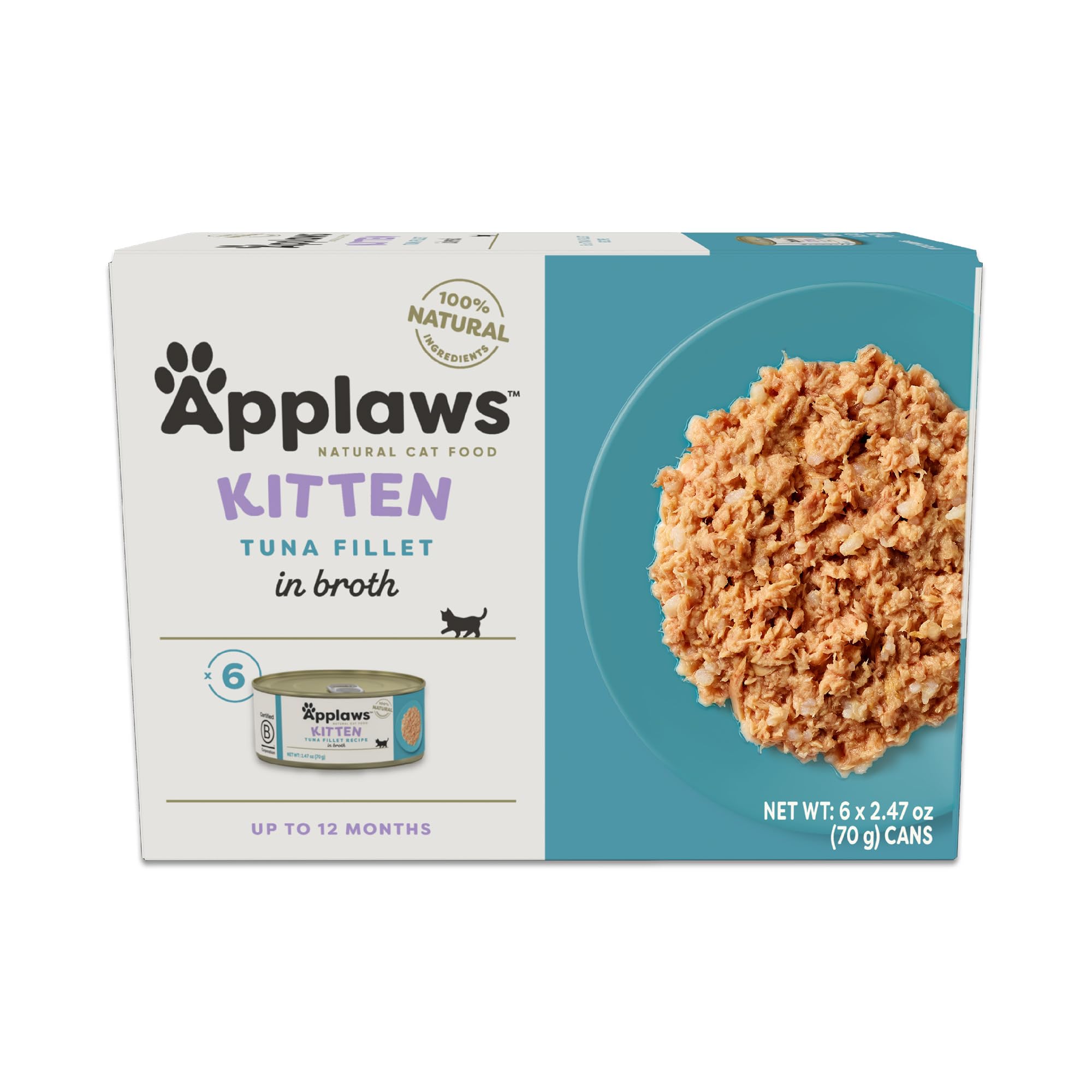 Applaws Natural Wet Kitten Food in Broth, Limited Ingredient Canned Wet Kitten Food, No Additives, Made with Natural Ingredients, Tuna Fillet in Broth (6 x 2.47oz Cans)