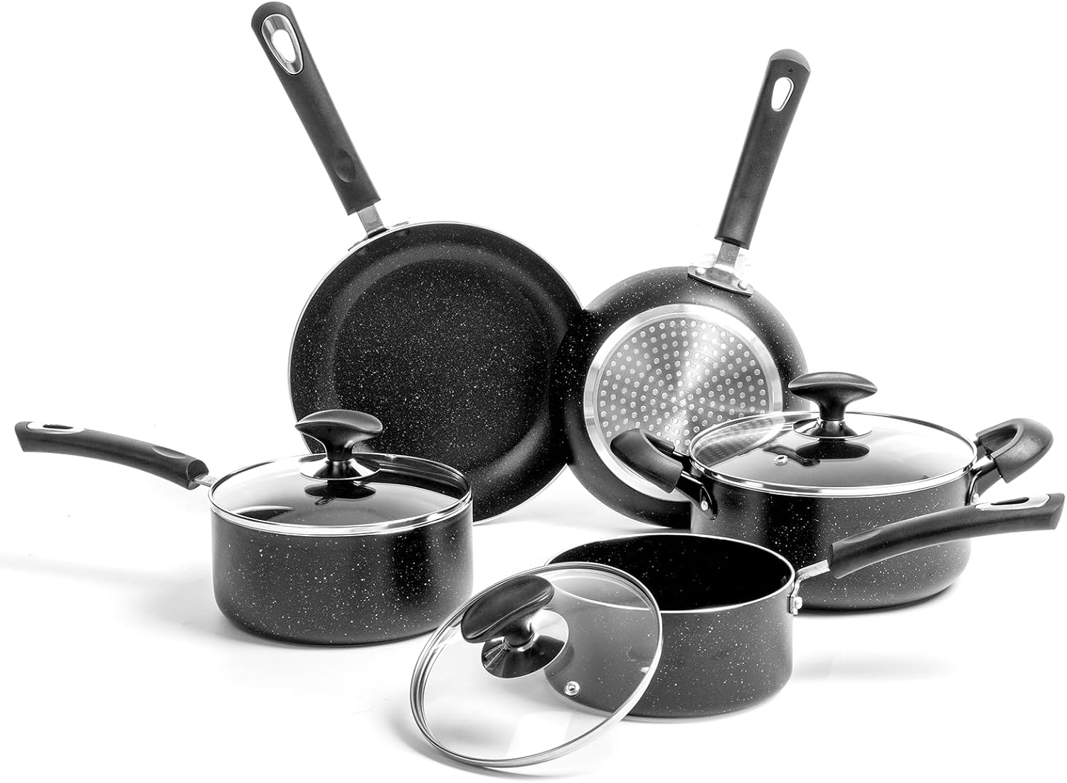 8 Piece Pots and Pans Set Non Stick, Non Stick Kitchen Cookware Set with 20cm & 26cm Frying Pans and 16cm, 18cm Saucepans with Lids and 20cm casserole pot with lid, Induction Compatible Pots,Black
