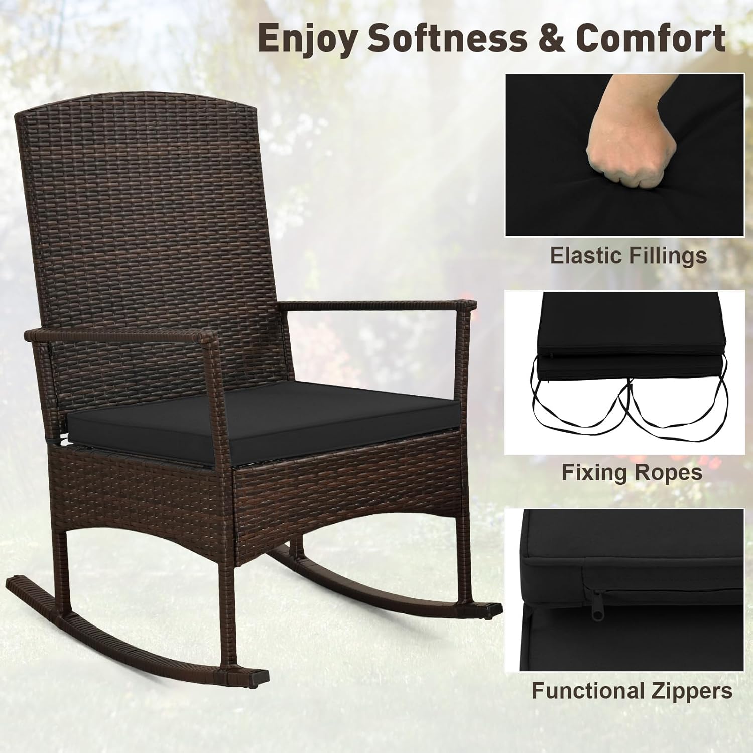 HAPPYGRILL 3 Pieces Rocking Bistro Set, Patio Wicker Rocking Chairs with 2-Tier Coffee Table, Rattan Rocker Set with Comfy Cushions, Patio Rocking Conversation Furniture for Backyard, Porch, Poolside