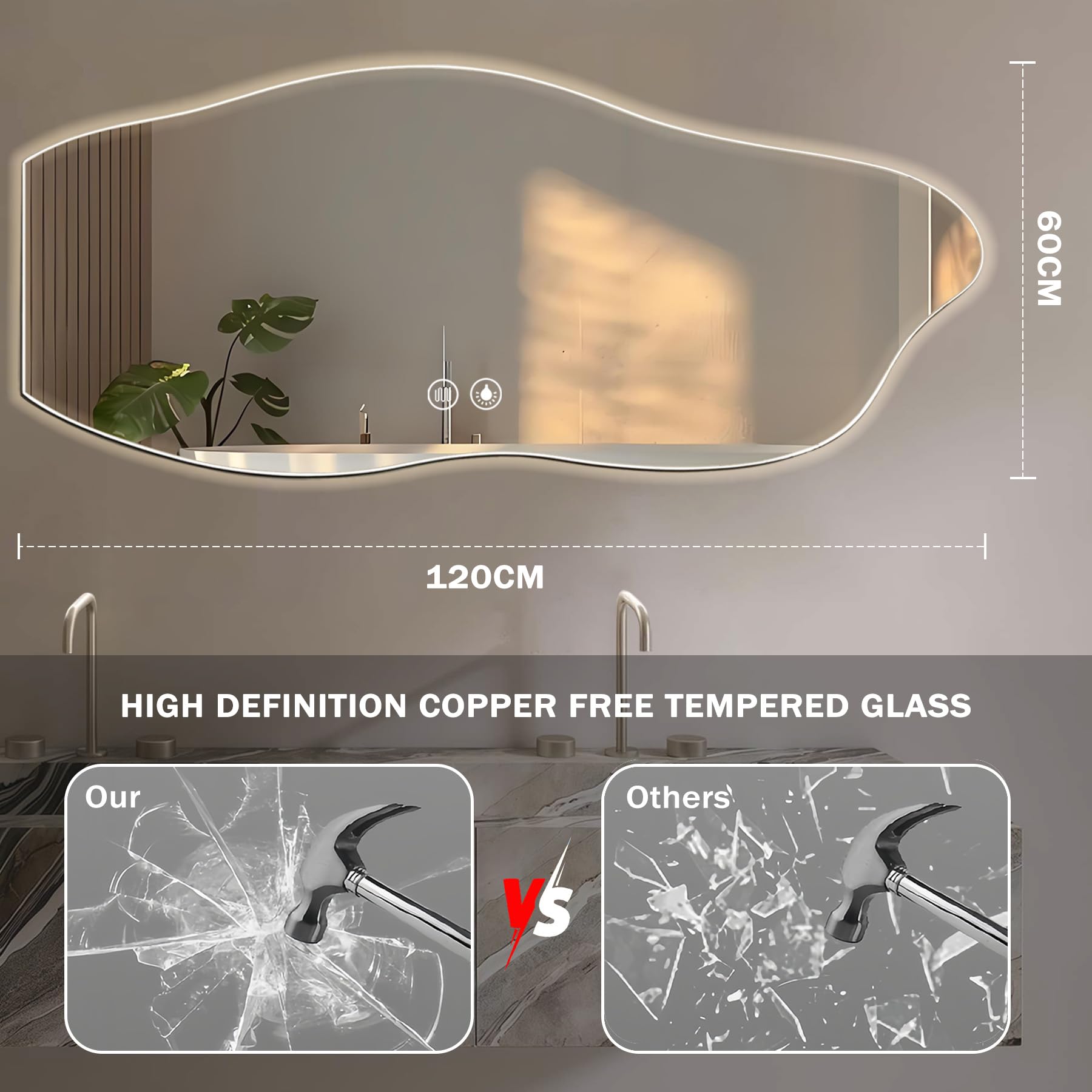 Asymétrique Miroir Salle de Bain avec Eclairage, 120×60cm LED Miroir Lumineux Mural avec lumière réglable 3 Couleurs, Dimmable, Anti-buée, Mémoire, Grand Miroirs Connecté Decoration, IP54
