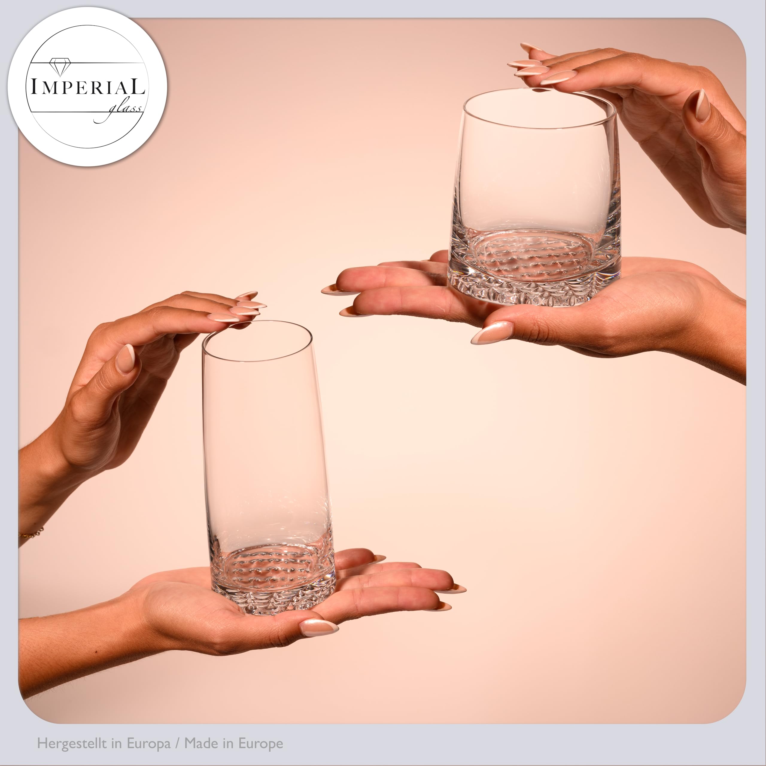 Juego de 12 vasos de agua y zumo de cristal Crystalline de 530 ml/380 ml – Serie Faro, base estructurada, apto para lavavajillas