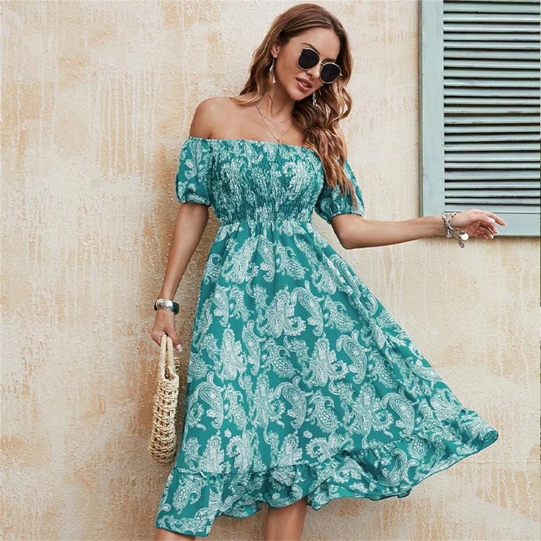 Vestidos de verano para mujer, vintage, urbano, vacaciones, fiesta, vestido midi con un hombro descubierto, vestido largo con estampado floral