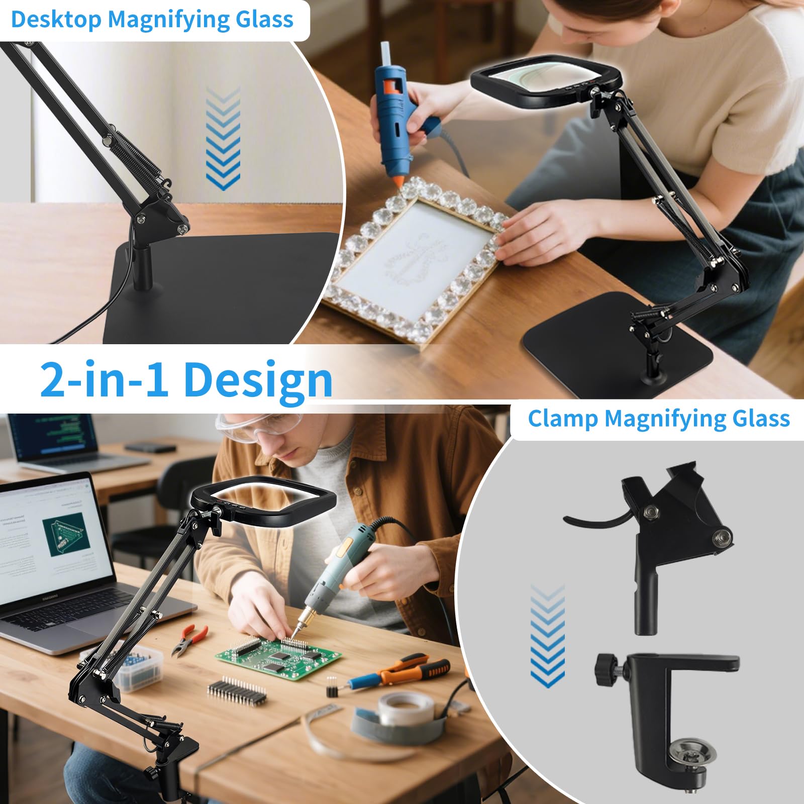 GABORISH 10 lupas de mesa con luz y soporte, lámpara de lupa rectangular con 60 LED, 5 modos de color y regulable, sin manos, lupa de pie con luz, 2 en 1, lámpara con lupa con abrazadera y base para