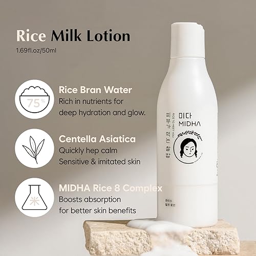 Miniatura 4 de MIDHA Loción de leche de arroz, 6.76 onzas líquidas, hidratación profunda, cuidado calmante, nutrición ligera, textura suave de la piel, acabado