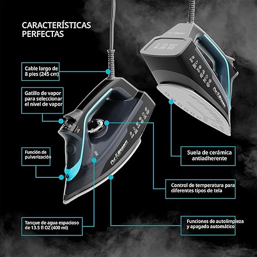Miniatura 6 de Pursteam SteamBurst+ Plancha de vapor de 1750 W, suela de cerámica, vapor ajustable, ráfaga de vapor, autolimpiante, anticalco, antigoteo, potente y