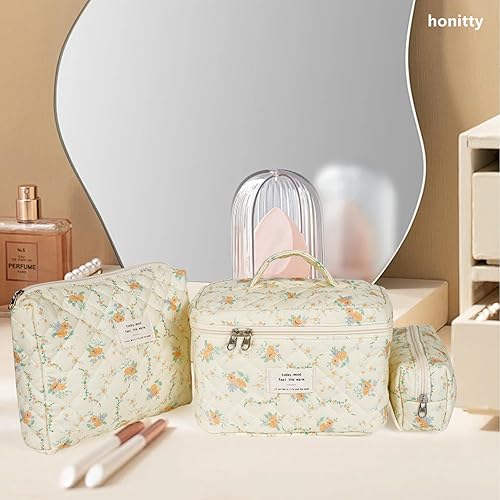 Miniatura 5 de Bolsa de maquillaje, bolsa de maquillaje acolchada, bolsa de cosméticos floral grande para mujeres, juego de bolsa de maquillaje de algodón, bolsa