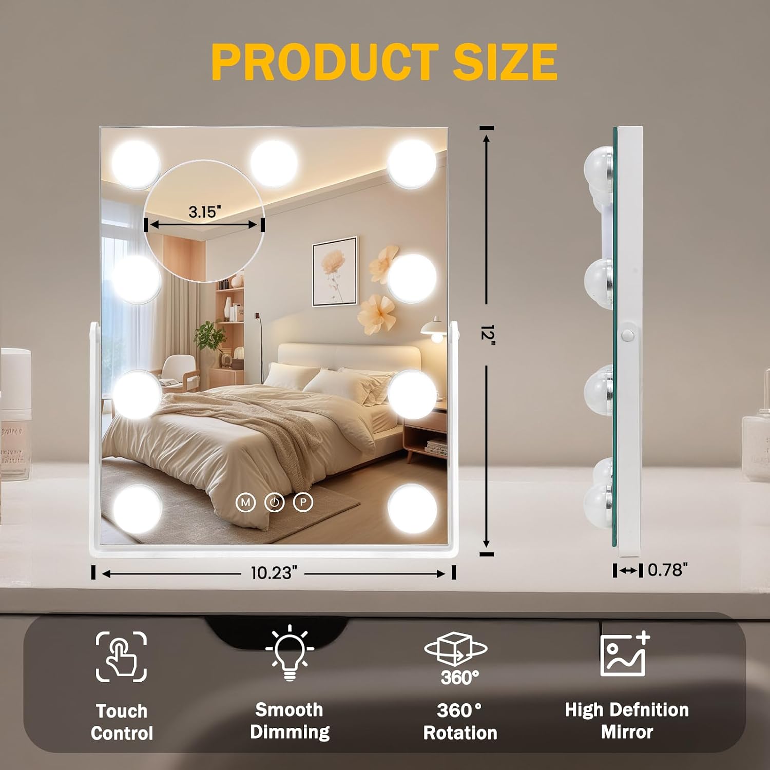 Rechargeable Vanity Mirror with Lights, 12"×10" Hollywood Makeup Mirror with 9 Dimmable Bulbs, 3000mAH Battery, 3-Color Lighting, Dimmable, 10x Magnification, Desk Mirror, Dorm Room Essentials (White) image 3