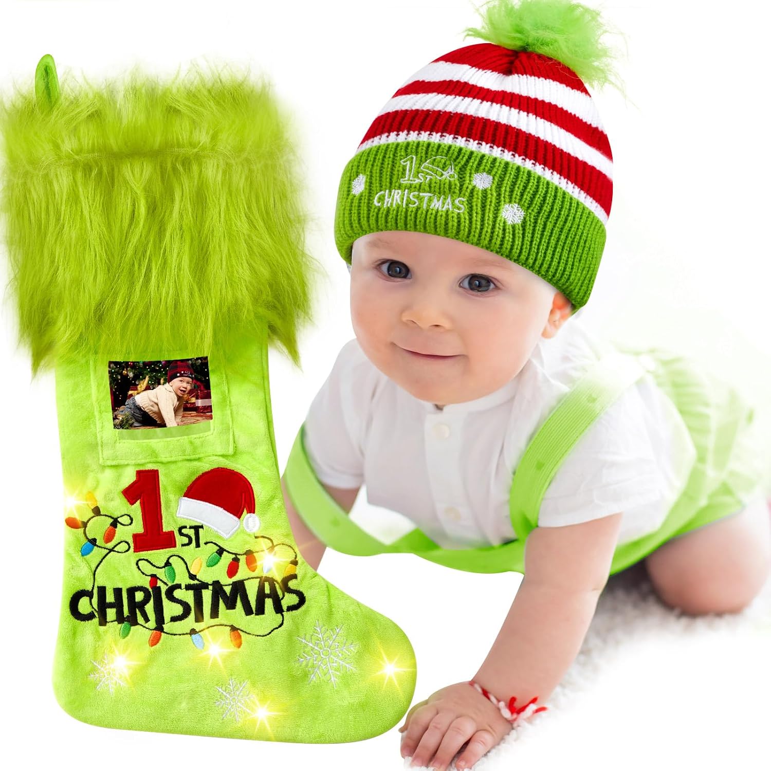 Shinymoon Baby's 1st Christmas Stocking and Hat Set with LED Lights 2026 My 1st Christmas Stockings with Picture Frame Santa Knit Hat Gifts for Girl Boy Newborn Fireplace(Pink,Classic)