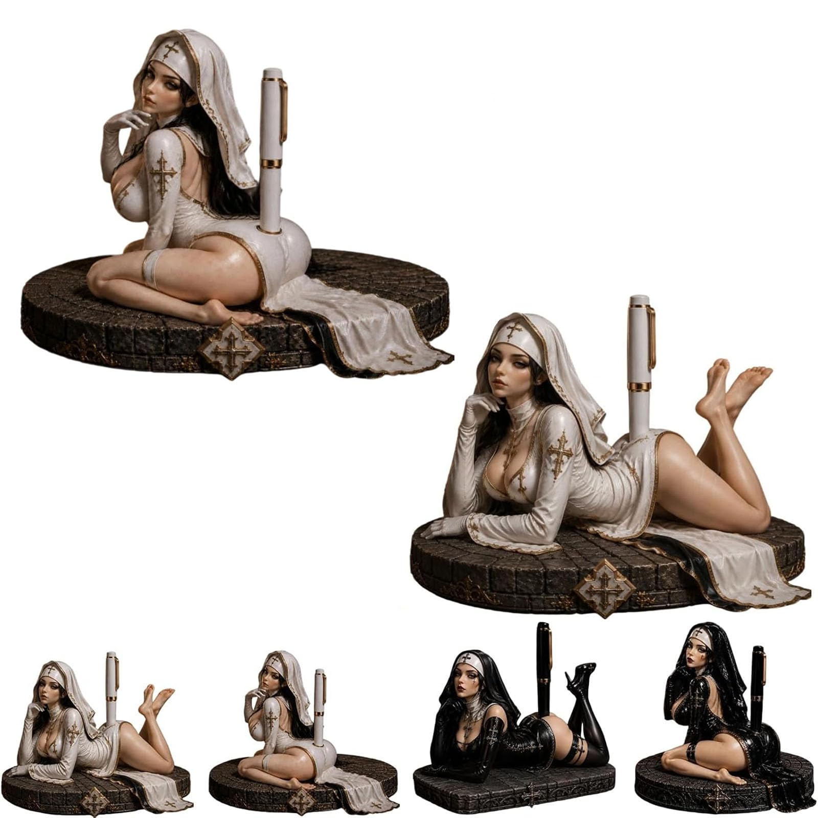 Holy Temptation Gothic-Nonnen-Stifthalter, Dark Academia Schreibtisch-Organizer mit Kreuzdetail, Gothic-Bleistiftbecherhalter, Halloween-Raumdekoration, schwarz-weiße Schreibtischfigur (#A+#B)