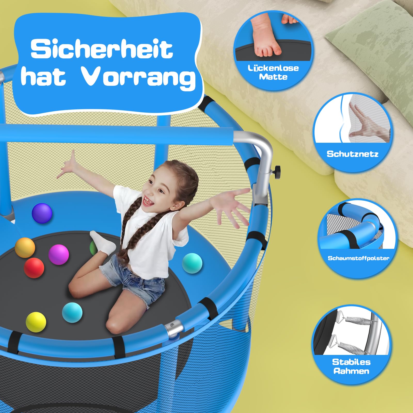 ZCMHAXJ Ø140 cm Trampolin Kinder mit Sicherheitsnetz – 200 kg Tragkraft, Trampolin Indoor/Outdoor – Mit höhenverstellbarer Turnstange & 5 Spielzeugen