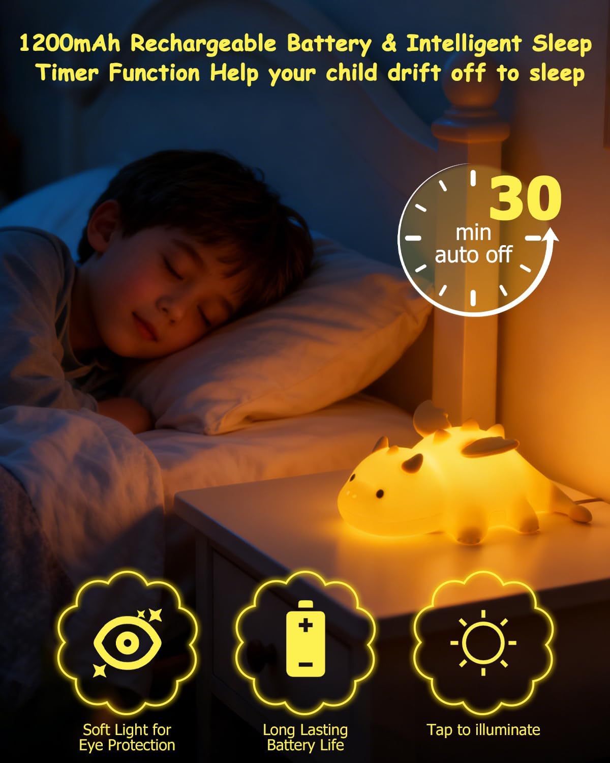 Luz Nocturna Infantil, Luz Nocturna Infantil Control Táctil, 3 Ajustes Regulables, 7 Colores Cambiantes, Recargable Lampara Bebe Noche para Habitación los Niños