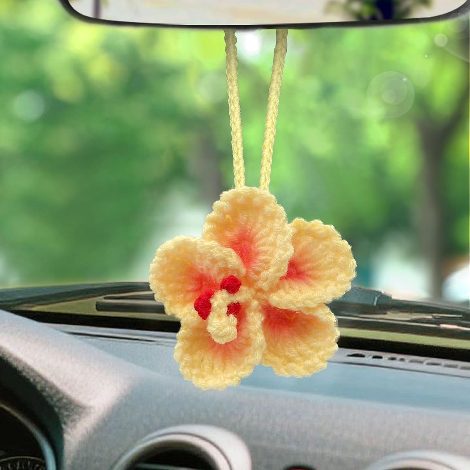 Crochet Hibiscus Flower Car Hanging Accessories for Women,Handmade Hawaiian Tropical Flower Ornament,Cute Crochet Plant for Car Rearview Mirror Decor,Bag Charms Gifts(Pink Hibiscus)