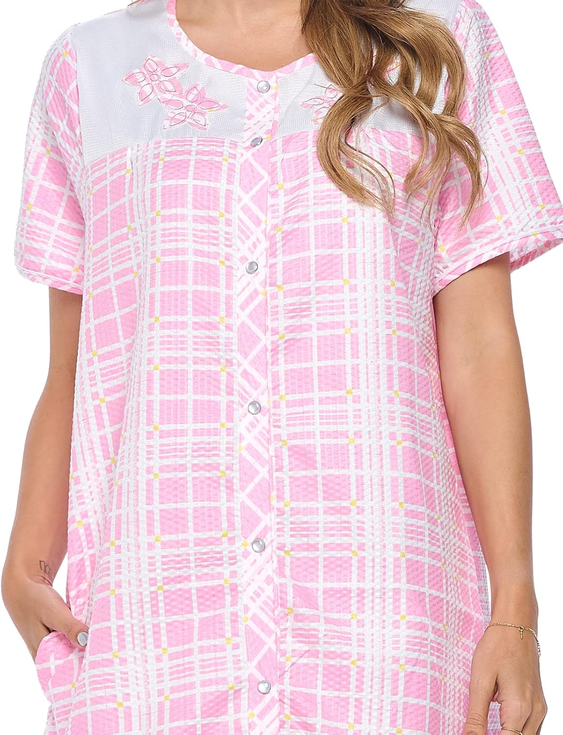 Casual Nights Women's Snap - Front House Dress Short Sleeve Woven Housecoat Duster Lounger Robe with Pockets - Image 4