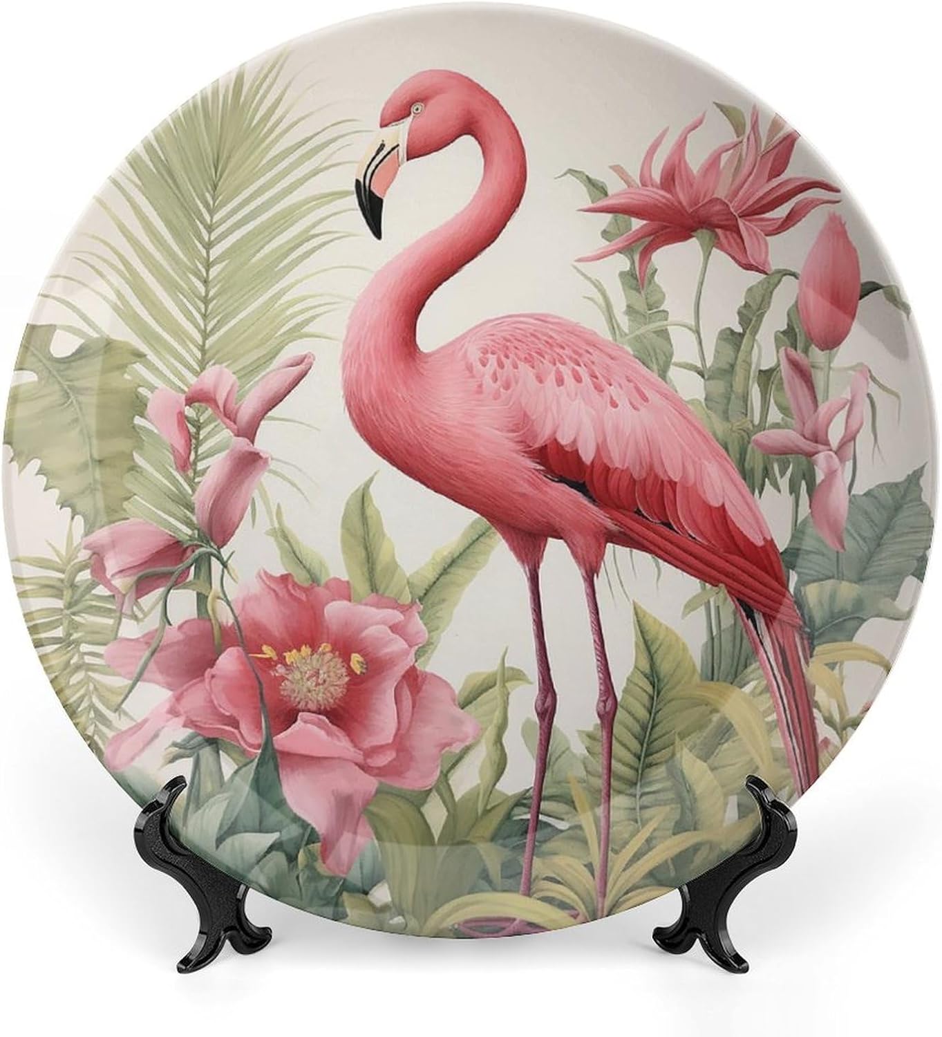 Bone China Decorative Plates Flamingo And Leaves Ceramic Decorative Plate Wall Decor with Display Stand Ceramic Ornaments for Wall Hanging Decoration