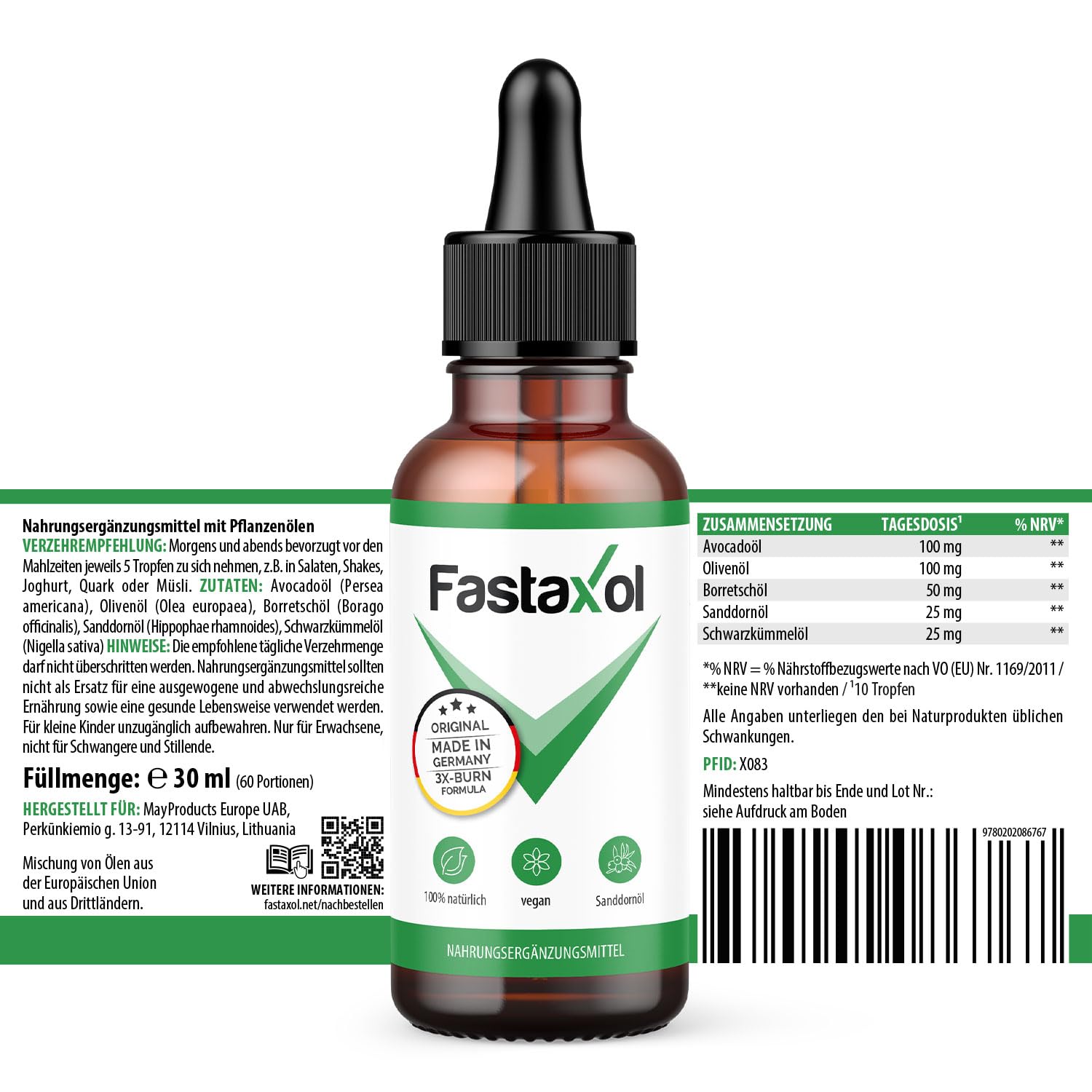 Fastaxol Öl-Komplex Tropfen | mit Avocadoöl, Olivenöl und Borretschöl | einfache Anwendung | Inhalt 30 ml 1x