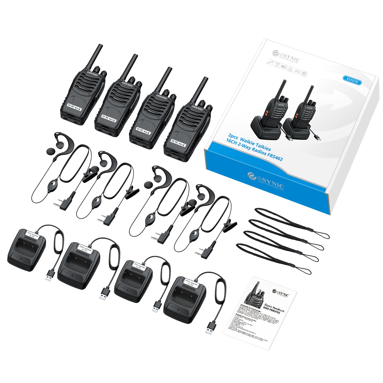 eSynic 4PCS Walkie Talkies de Larga Distancia con Auriculares Walkie-Talkie Profesional 16 Canales 1500mAh con Cargador USB Soporta VOX para Sobrevivir en el Campo Ciclisimo — view 7
