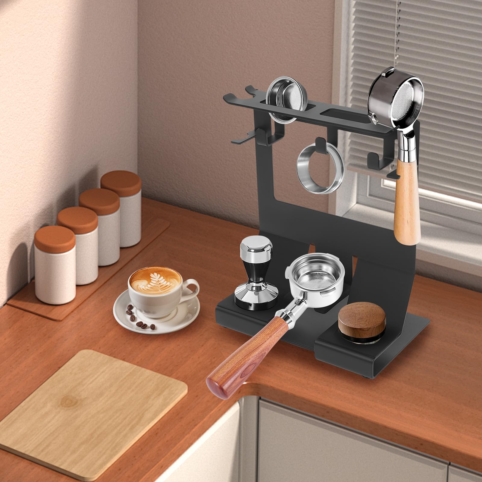 Aufbewahrungsregal für Kaffeezubehör, Barista Regal für Siebträger 58mm, stabiler Kaffee Werkzeughalter aus Eisen, Platzsparender Kaffee-Ausrüstung Aufbewahrungsregal für Küche & Café, schwarz