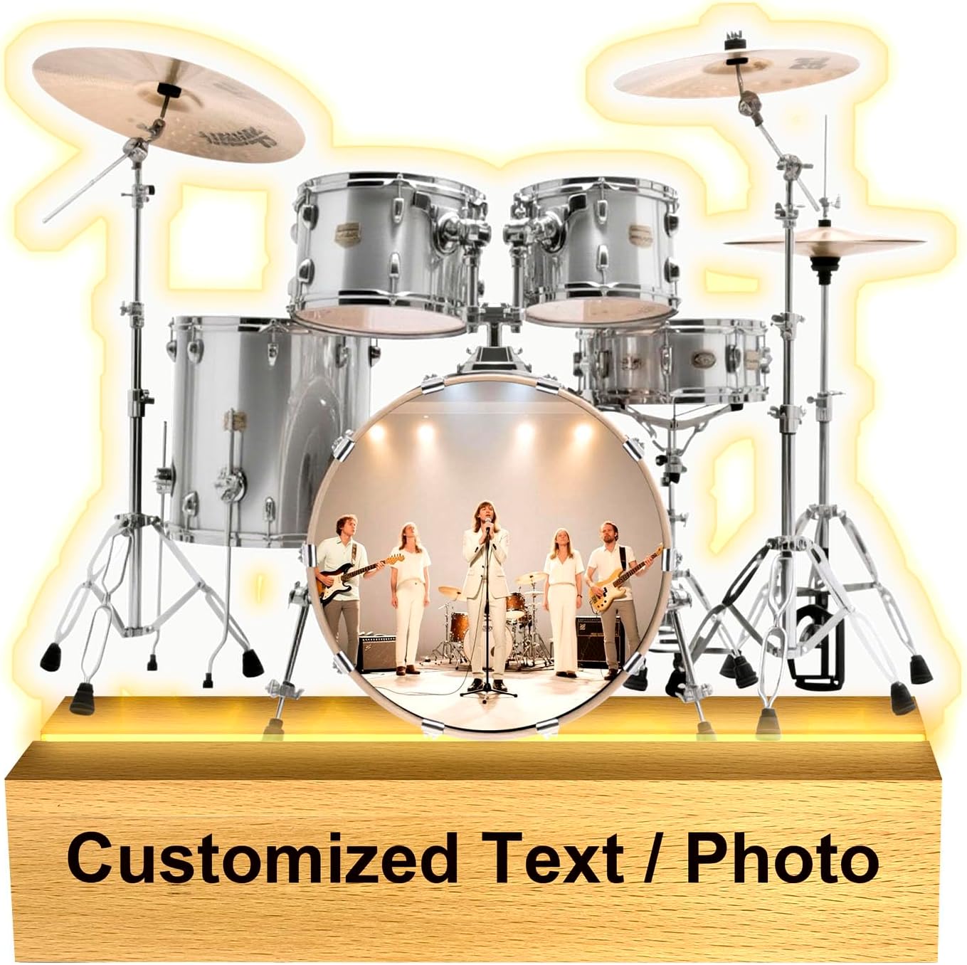 Customizable Photo Drum Set Decorative Plaque,Personalized Photo and Text Drumming Ornament,Acrylic Drum Rack,LED Lamp Wooden Base,Bedside Table Suitable For Drummers and Bands,Office Desk Decoration (Silvery white)