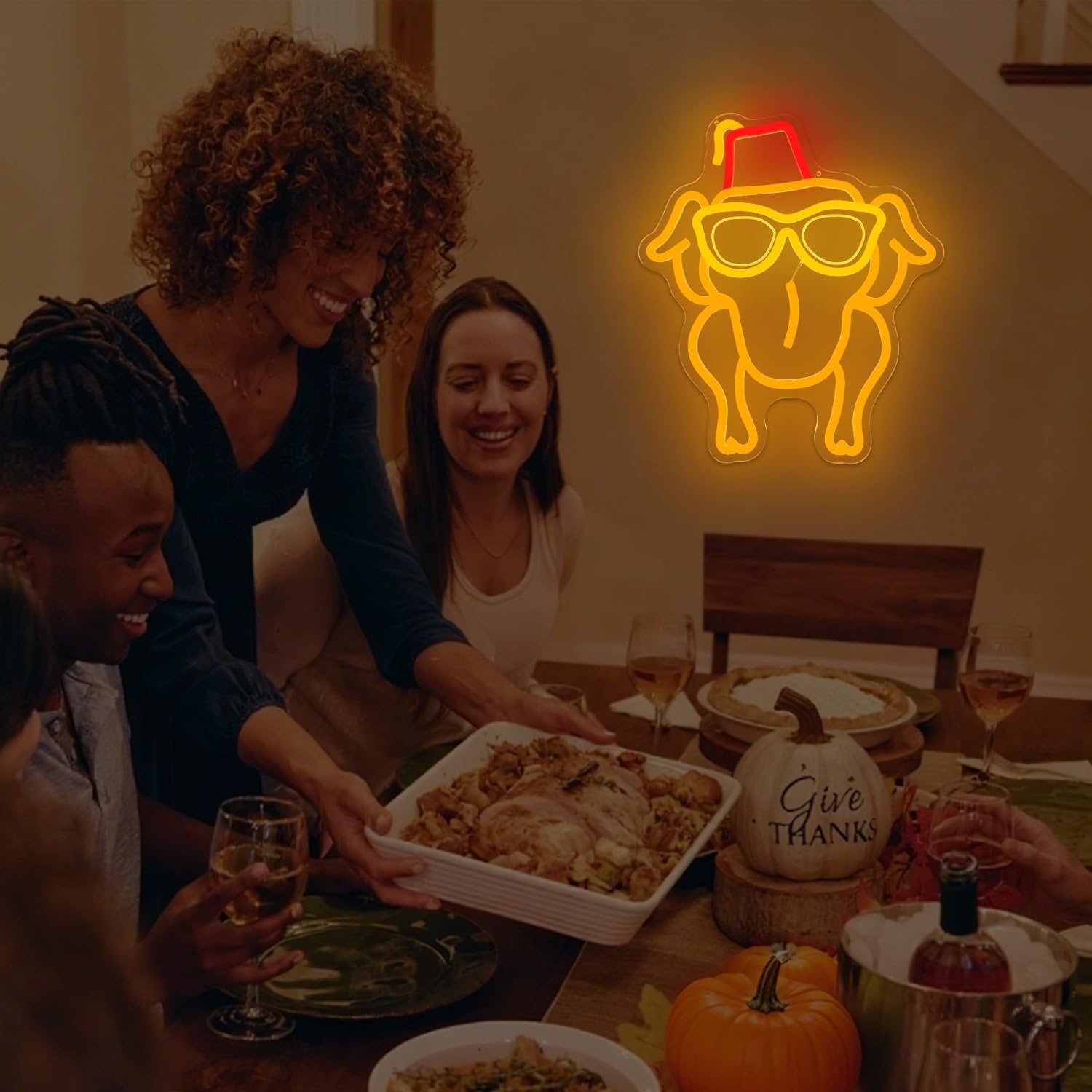 Friends TV Show Neon Sign Dimmable Friendsgiving Neon Light for Wall Decor Led Thanksgiving Turkey with Sunglasses Decoration, Friends TV Show Light Up sign for Thankgiving Friendsgiving Birthday Christmas gifts