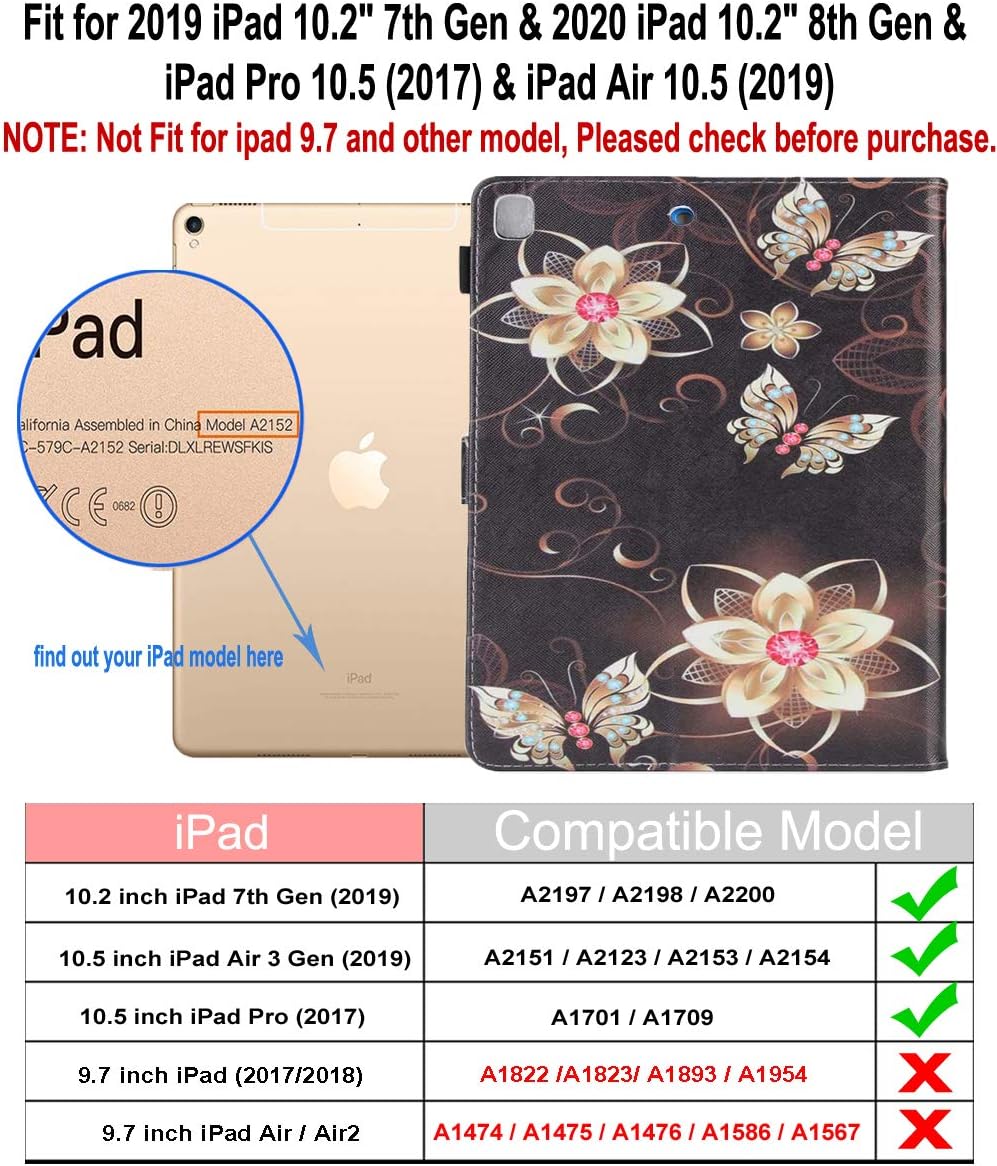 JZCreater iPad 10.2 Case 2020 iPad 8th Generation / 2019 iPad 7th Gen Case, iPad Air 3/iPad Pro 10.5 inch case,Multi-Angle Viewing Wallet Case Cover with Auto Sleep/Wake, Golden Flower