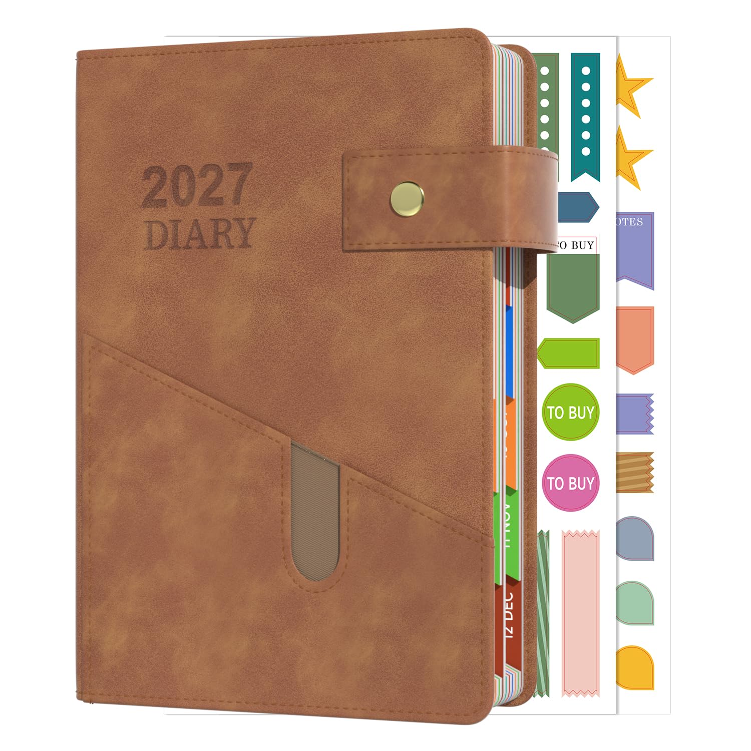 Sailingvan Diary 2027 A5 Page a Day with Button Strap,January 2027-December 2027, Monthly Overview Daily Planner, Colorful Monthly Tabs, Front Pocket, Pen Holder & Planning Stickers (8.5'' x 5.8'')