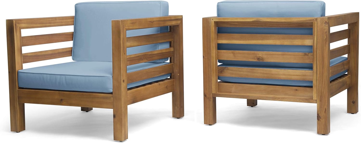 Great Deal Furniture Noble House Oana Outdoor Acacia Wood Club Chair in Teak and Blue (Set of 2)