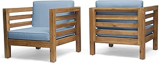 Great Deal Furniture Noble House Oana Outdoor Acacia Wood Club Chair in Teak and Blue (Set of 2)