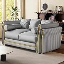 62" Luxury Chesterfield Sofa Velvet Tufted Couch Mid Century Grey and Gold Couch Vintage Victorian Sofa for Living Room, Loveseat with 3 Pillows & 2 Bolster Pillows, Grey