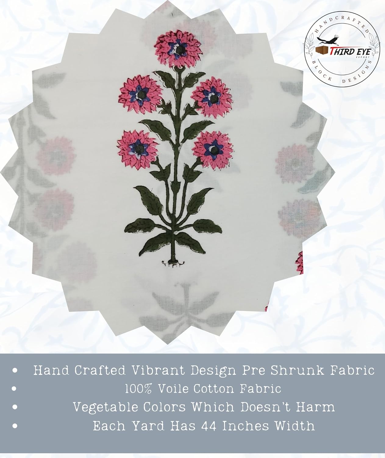 Indian Hand Block Print 60/60 100% Cotton Fabric by The Yard, Lightweight Floral Quilting & Sewing Fabric for Dressmaking, Upholstery & DIY Craft (RB-138 Pink, 5 Yard Pre Cut)