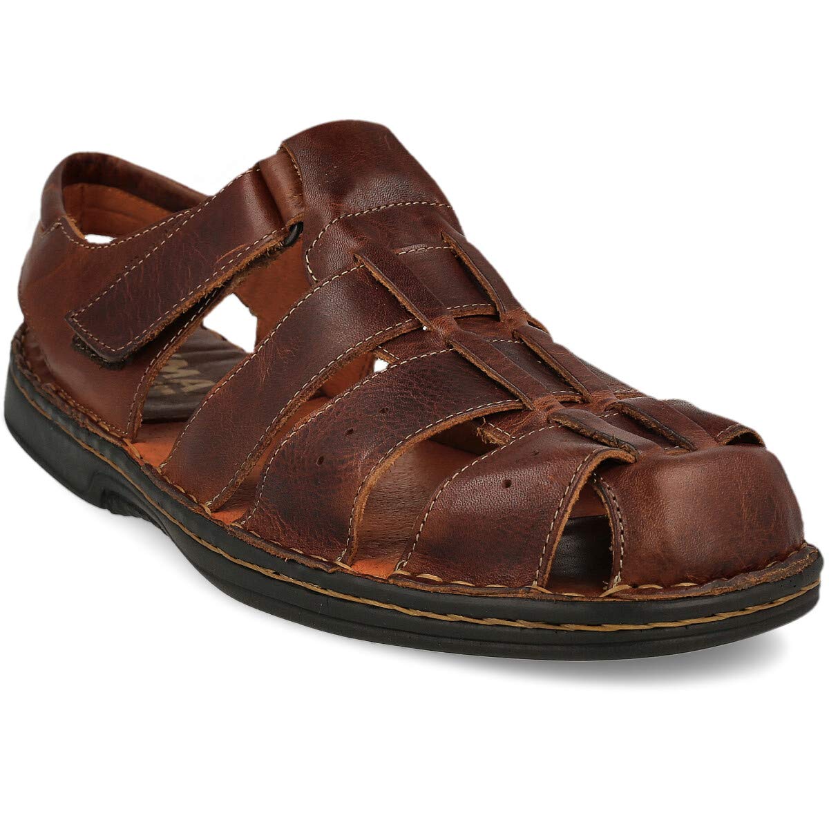 Sandalias para Hombre de Verano de Piel. Senderismo, Trekking, Playa. Cangrejeras. Plantilla Acolchada de Microfibra. Piso de Goma. Cierre de Contacto. Color Marrón Negro