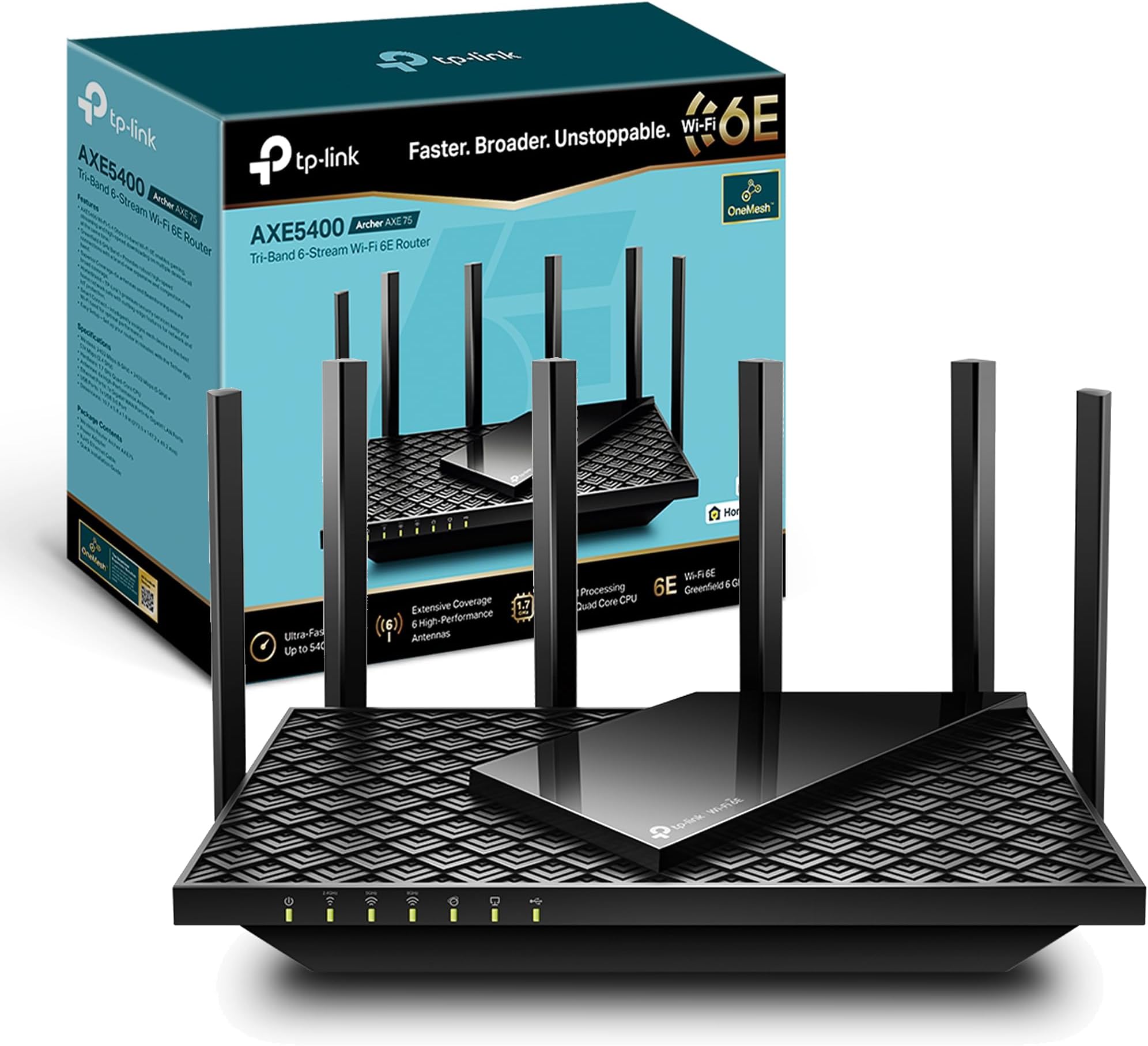 Archer AXE75 AXE5400Mbps WiFi 6E Router Tri-Band, Gigabit Ethernet Ports, USB 3.0, WiFi Booster, 512MB RAM, OneMesh, WPA3, Ideal for Gaming, HomeShield, Compatible with Alexa