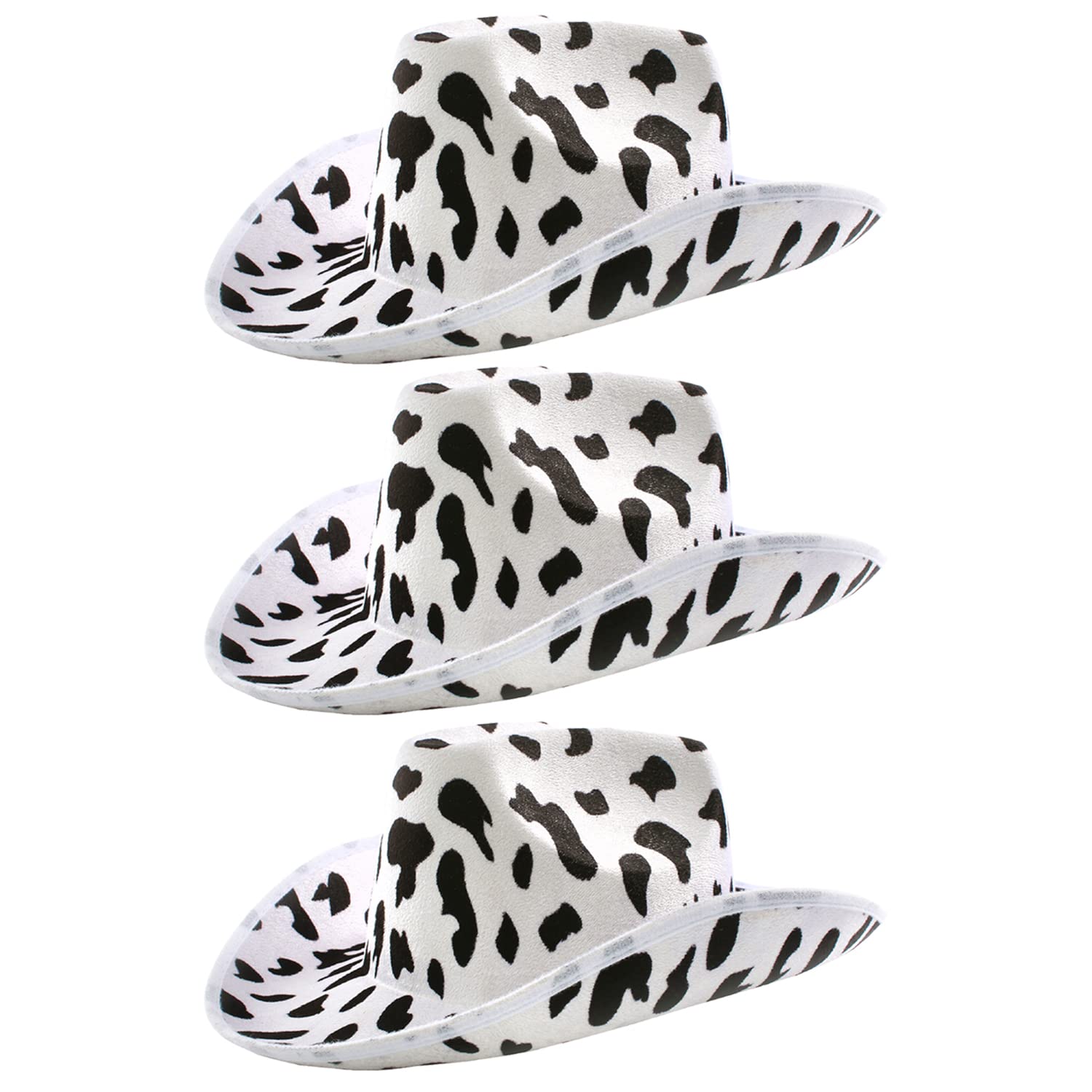 Adults Cow Print Cowboy Hat - Pack of 3 - White Felt Cowboy Hat with Black Cow Pattern - Adults Western Cowboy Y2K Fancy Dress Costume Accessory
