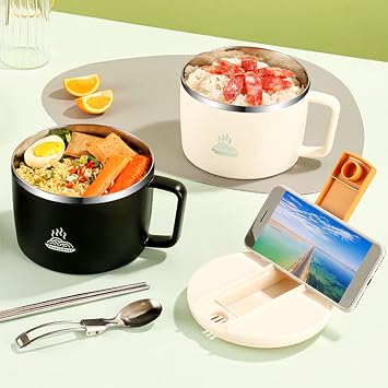TITA-DONG 1200ml 304 Stainless Steel Noodle Cooker Set, Ramen Cooker with Chopsticks and Spork, Portable Soup Bowl, Microwave Safe, White