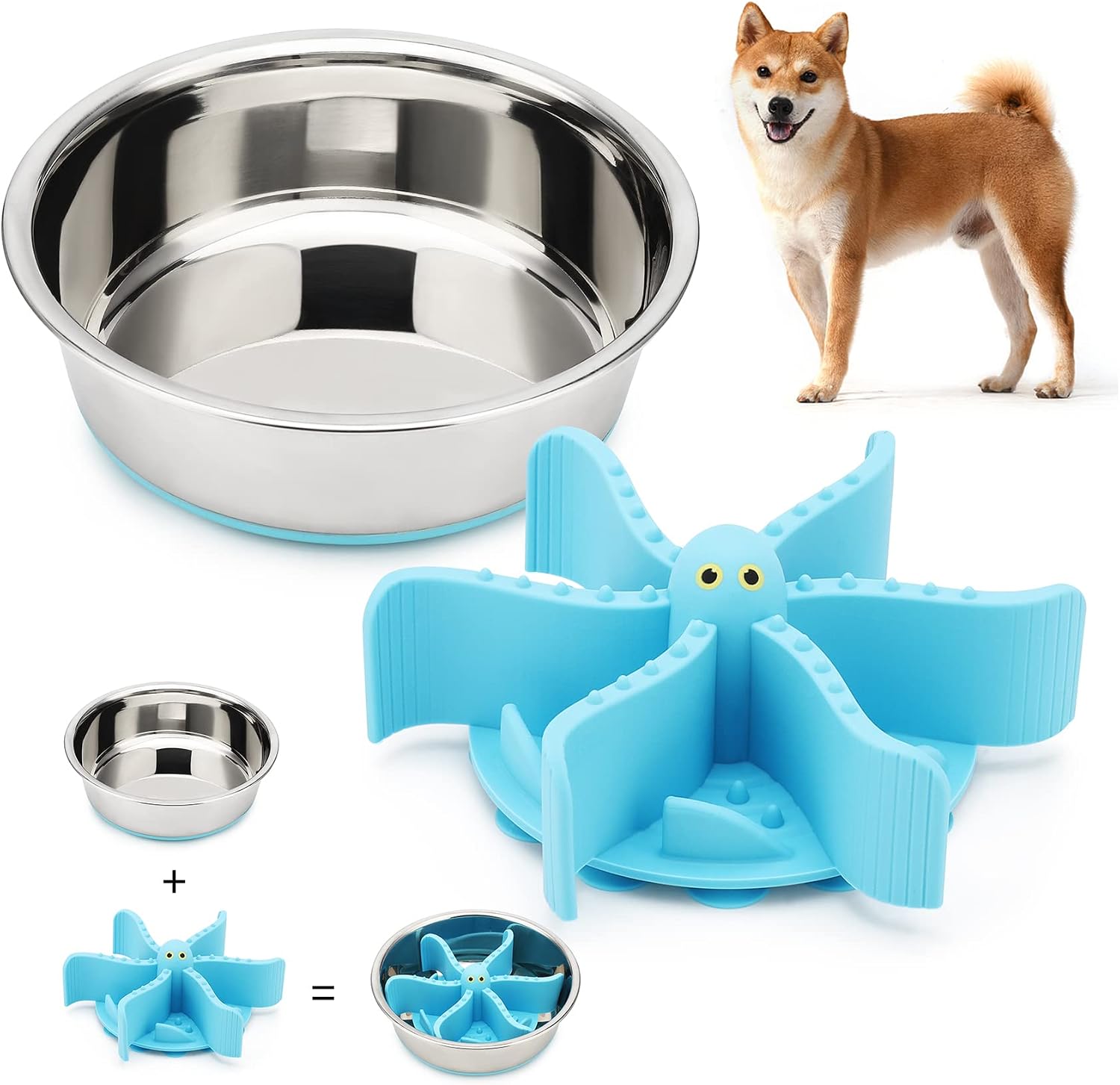 2 Pieces Slow Feeder Dog Bowl, Stainless Steel Dog Bowl with Slow Feeder Insert for Dogs Health Eating,Pets Bowl with Non-Skid Silicone…