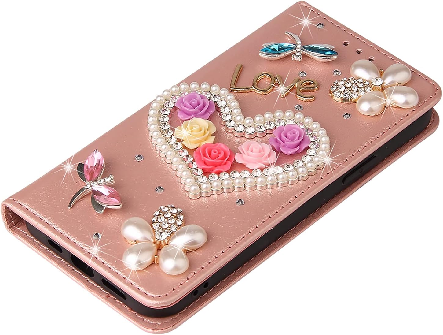 Rose Gold Leather Glitter Case for iPhone 11,Strap Wallet Cover for iPhone 11,Herzzer Stylish Diamond 3D Handmade Crystal Soft Silicone Stand Flip Case,Love Heart Flower : Sports & Outdoors