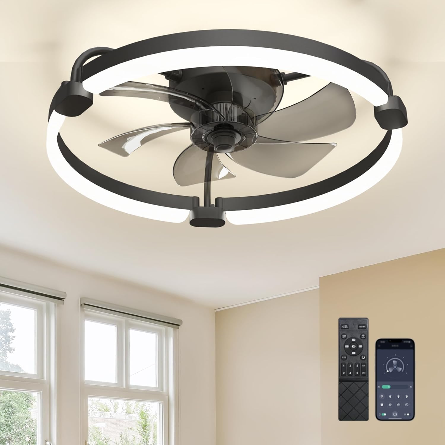 Ensenior 20'' Low Profile Ceiling Fans with Lights and Remote, Fandelier Ceiling Fan Flush Mount, APP Control, 6 Speed & 3000K-6500K Stepless Dimmable Small Ceiling Fan with Light for Bedroom - Black 20 Inch Black