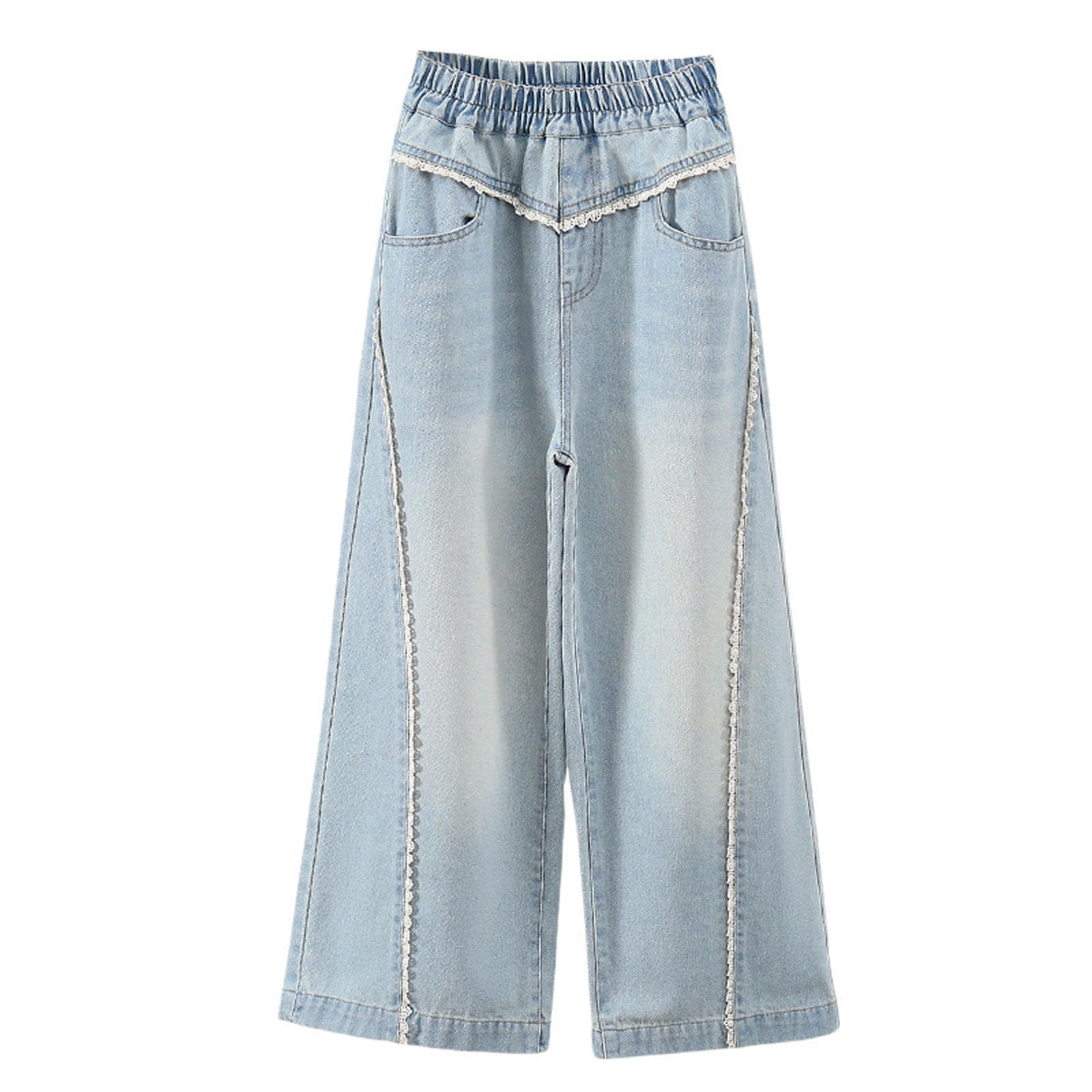 Generico Pantaloni Bianchi Bambino-Pantalones Vaqueros de pierna ancha para Niñas, Moda de Verano, informales, de Cintura Alta, acampanados, Estilo bohemio, con ribete de Encaje