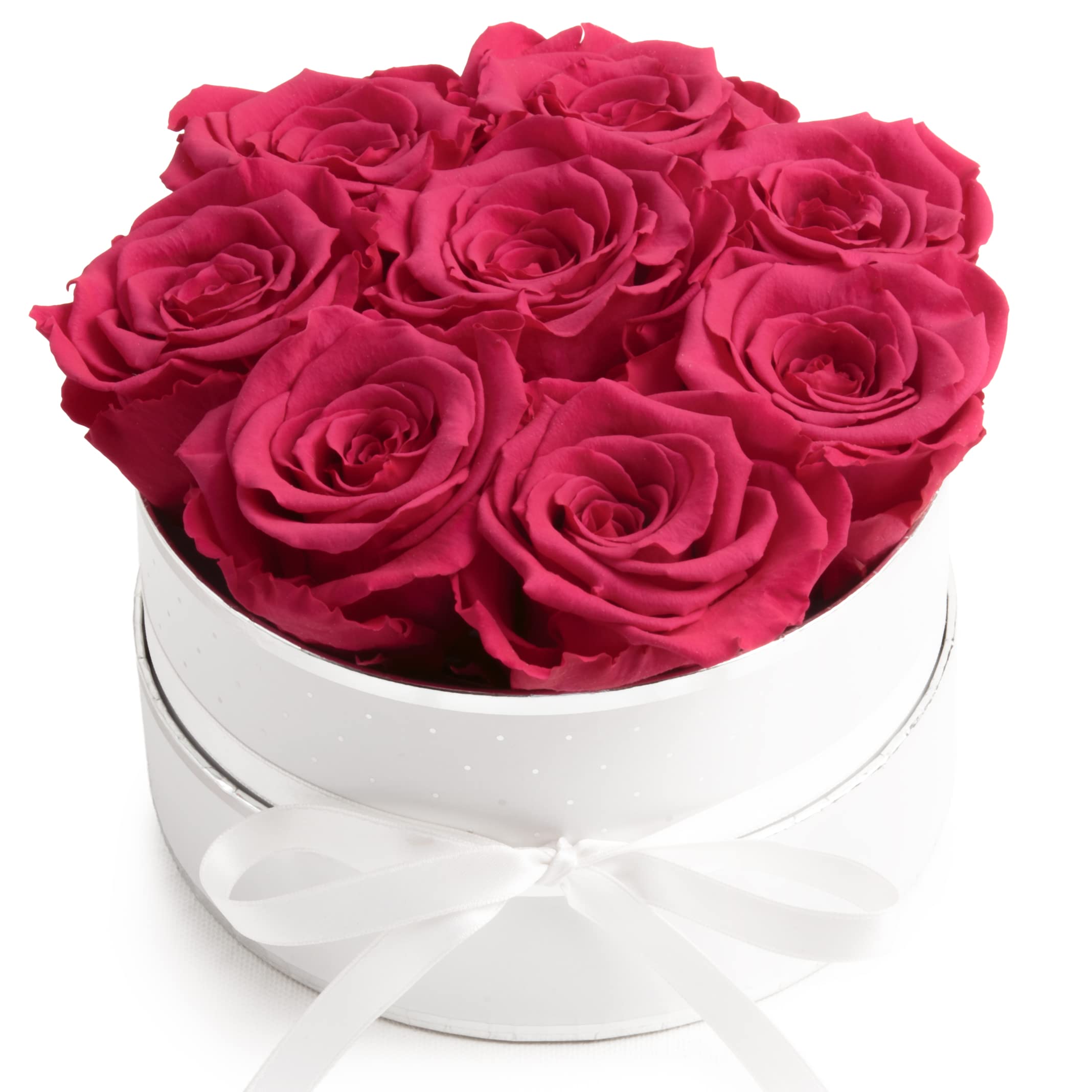 Rosenbox rosa rund Infinity Rosen - Flowerbox 8 echte Rosen haltbar 3 Jahre Durchmesser 15 cm - Geschenk für Frauen (Weiß-Pink)